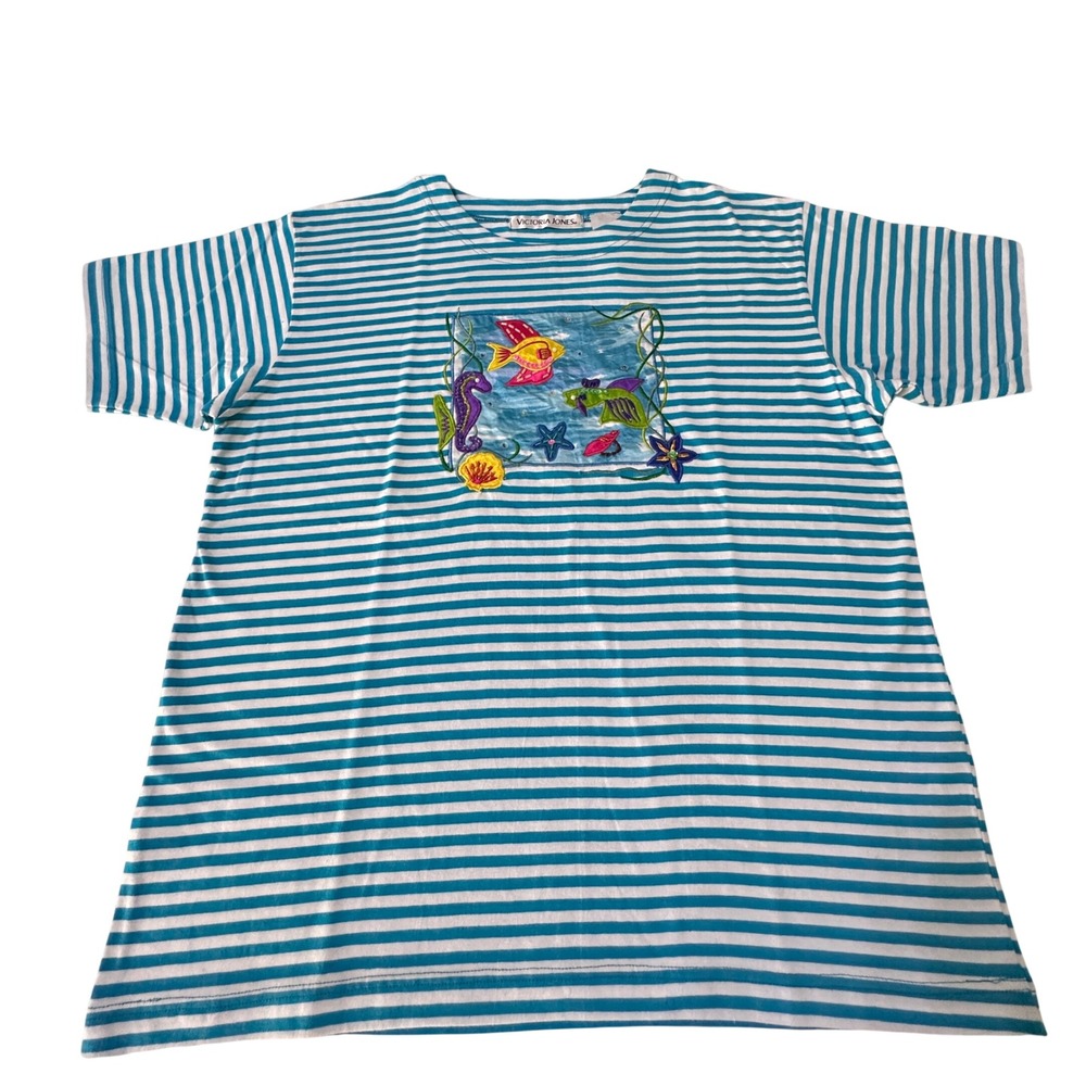 VTG Victoria Jones Striped Beaded Shirt Womens M Mermaidcore Coastal‎ Grandma